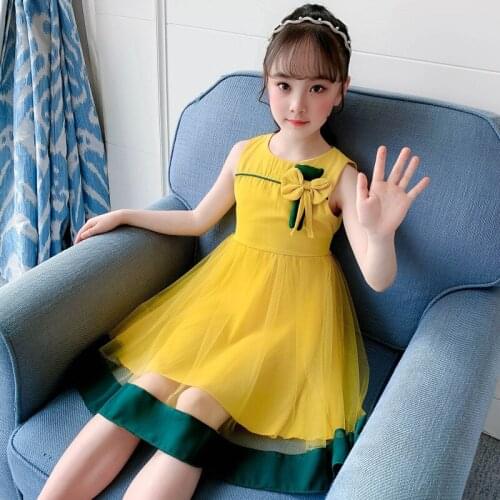 Teenage Baby Girls Summer Yellow Pink Sleeveless O-Neck Korean Cute Clothing Kids Fashion Mesh Knee-length Princess Party Dress