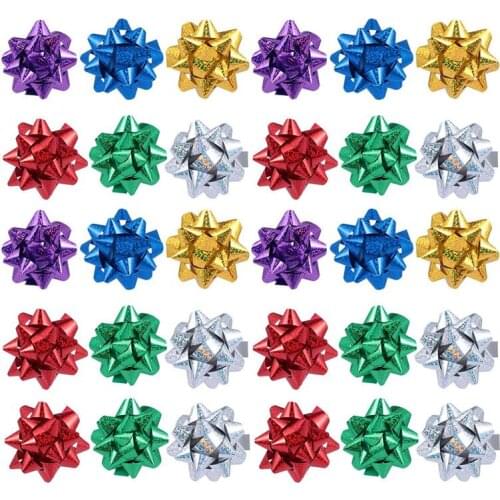 100pcs Reflective Gift Pull Bows Self Adhesive Gift Wrap Bows Laser Reflective Star Flower 3-Inch Festival Supplies(Mixed Color)
