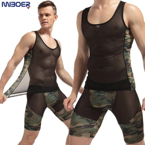 Sexy Men Camouflage Nylon Underwear Breathable Summer Undershirt Fashion Sexy Transparent Mesh O-Neck Vest Slim Boxers Suits