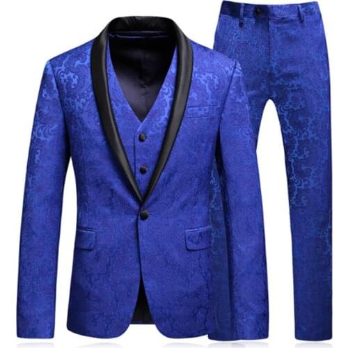 Desirable Time Mens Royal Blue Floral Suits with Pants Shawl Collar Prom Groom Wedding Dress Suits for Men jacket+Pants+vest+tie