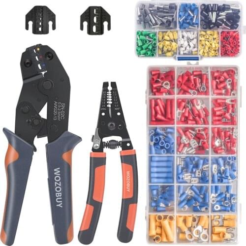 WOZOBUY Electrician Crimping Tool Kit-Ratchet Crimping Pliers with Two Jaws, Wire Strippers, Various Ferrule Insulated Terminals