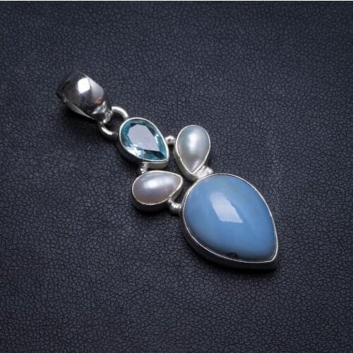 Natural Owhyee Opal,River Pearl and Blue Topaz Handmade Unique 925 Sterling Silver Pendant 2" X1577