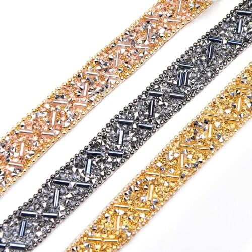 New 2yards Beaded Rhinestone Trim 1.5cm Width Bridal Applique Hot-Fix Banding Tape For Wedding Dress DIY Grement/Bags/Shoes