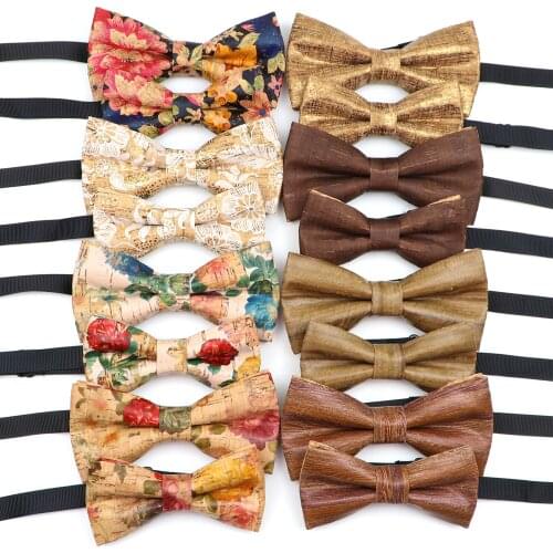 New Cork Wood Fashion Bow Ties Vintage Floral Print Wooden Bowtie Novelty Handmade Butterfly Wedding Party Neck wear Accessories