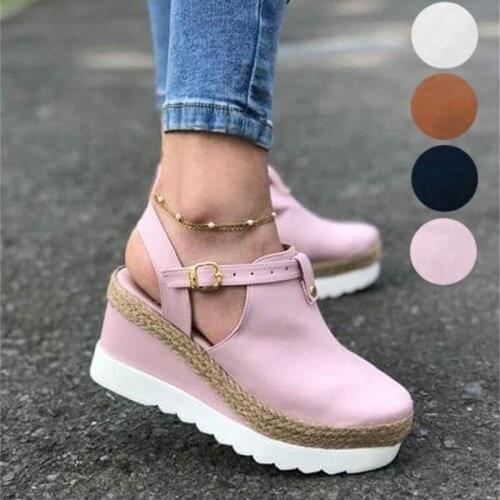 New Summer Women Sandals Vintage Wedge Shoes Buckle Strap Straw Thick Bottom Flats Platform Sandals Flock Female Shoes