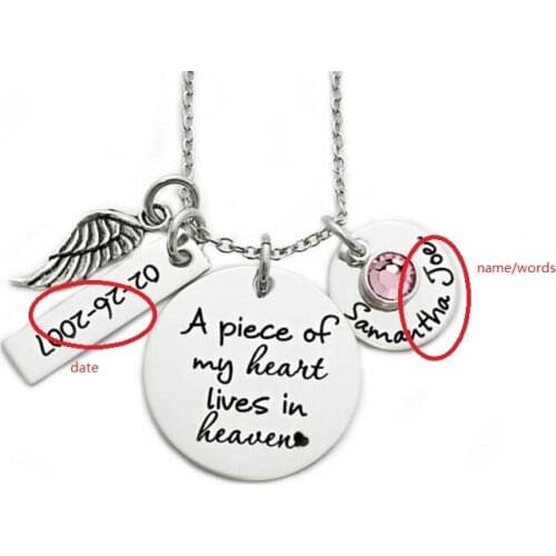 Personalized Memorial Necklace name or words A Piece of My Heart Lives In Heaven Miscarriage Remembrance Necklace N288
