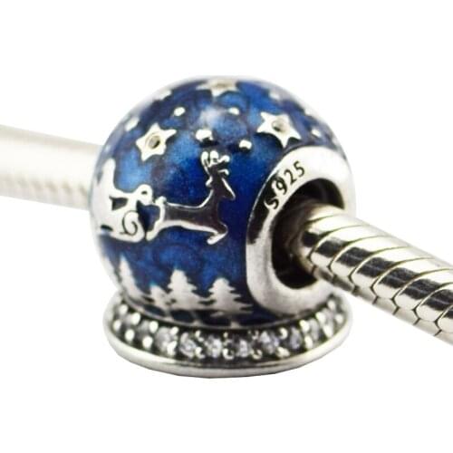 Fits for Pandora Charms Bracelets 100% 925 Sterling-Silver-Jewelry Christmas Night Beads with Blue Enamel Free Shipping