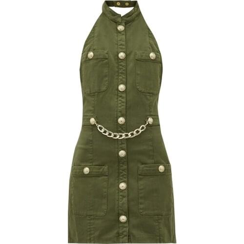 EXCELLENT QUALITY 2020 Newest Paris Fashion Stylish Dress Womens Metal Chain Lion Buttons Cotton Dress