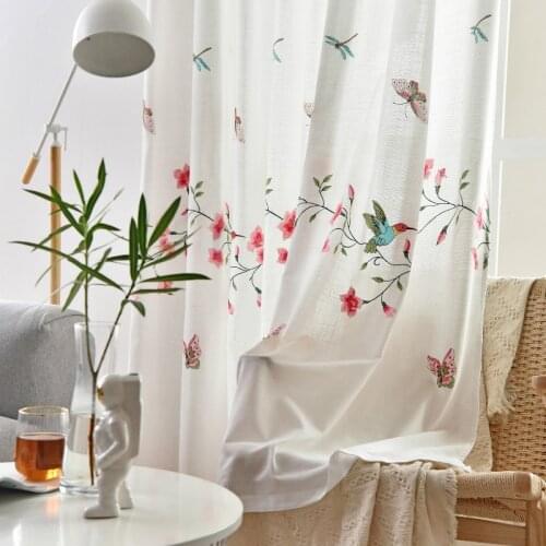 RZCortinas Window Curtain Living Room Linen Curtains with Flower Leaves Birds Embroidered Curtains for Bedroom Pastoral Drapes