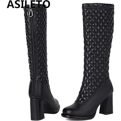 ASILETO Sexy Women Luxury Brand Modern Knee High Boots Back Zipper Round Toe Chunky Heel Ladies Party Plus Size 33-43 S2484