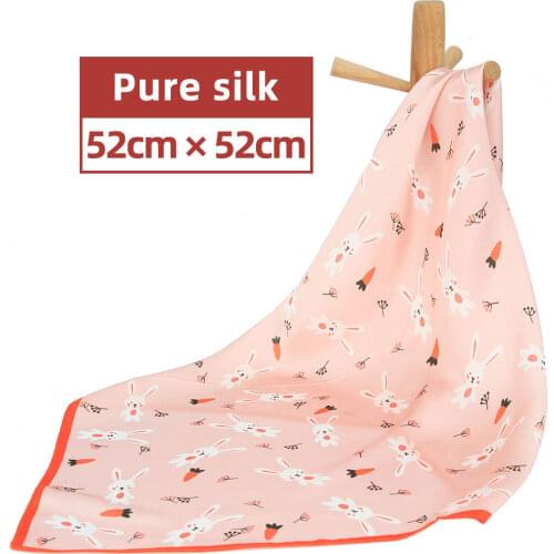 Pure Silk Scarf Child Bandana Kid Handkerchief Bunny Hair Scarf for Girl Womens Natural Silk Square Rabbit Cartoon Headband