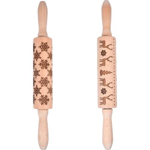 Rolling Pin With Pattern DIY Manual Christmas Snowflake, Elk Pattern Wooden Roller Baking Tool Cake Dough Cookies Landmark