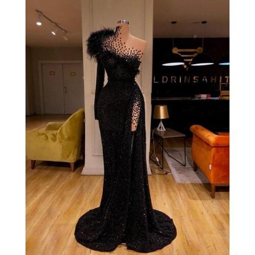 Luxury Beaded Mermaid Black Prom Dresses Feather High Side Split Crystal Evening Dress One Shoulder Formal Gowns Party Wear
