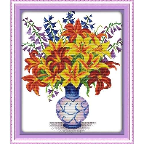 Everlasting Love Yellow Lily Vase Chinese Cross Stitch Kits Ecological Cotton Stamped Printed 11CT DIY Gift Christmas Decoration