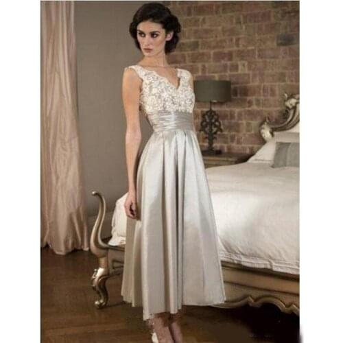 Vintage Mother Of the Bride Dresses Cheap Lace And Satin V Neck Tea Length Mother Formal Party evening Gowns