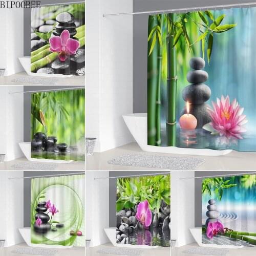 Spring Pattern Shower Curtain for Bathroom Decoration Phalaenopsis Lotus Bath Curtains Zen Green Bamboo Fabric Bathtub Screen
