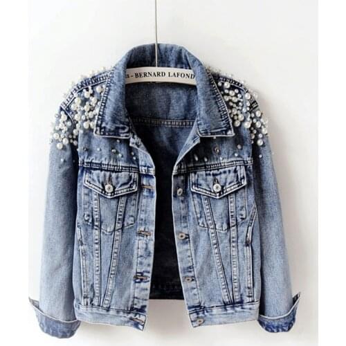 Women Autumn Denim Jacket 2021 New Womens Jean Jackets Pearl Casual Denim Coats Fashion Female Coat Loose Outerwear OK538