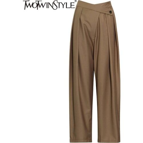 TWOTWINSTYLE Minimalist Ruched Solid Trouser For Women High Waist Black Wide Leg Pants Female 2021 Fashion New Clothing Style