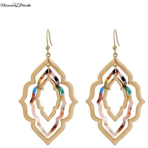 Banny Pink Bohemia Layer Hollow Geometric Statement Dangle Earrings For Women Vintage Flower Pendant Drop Earrings Party Earring