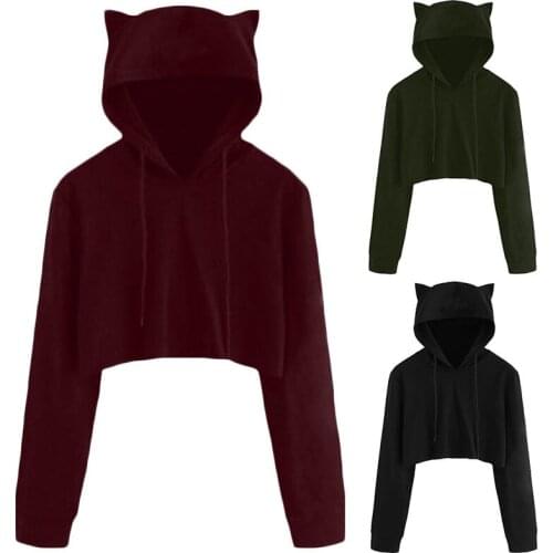 Ladies & Teen Girls Casual Spring Autumn Short Belly Hoodie Pullover Cat Ear Hooded Sweatshirt Sexy Crop Top Coat Wear For Women