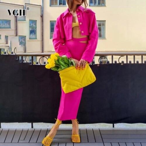 VGH Solid Womens Summer Suit Lapel Long Sleeve Short Jacket High Waist Split Bodycon Maxi Skirt Two Piece Set Women Fashion New