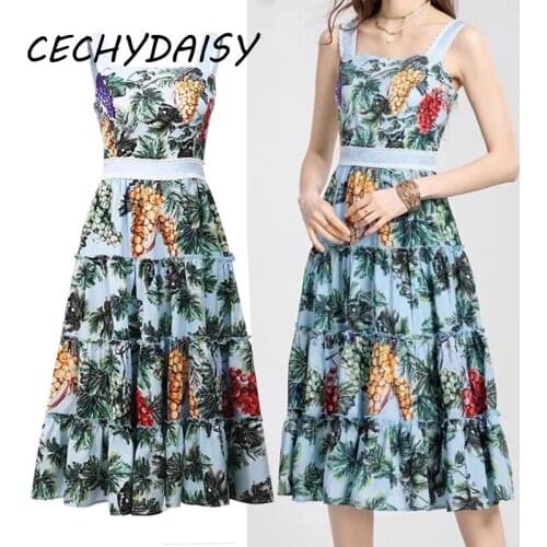 Runway Designer Za2021 Dress Blue Pineapple Fruit Printed Spaghetti Strap High Waist Midi Ruched Party Dresses For Women Clothes