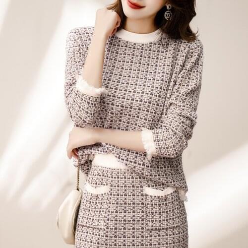 Autumn and winter 2021 new fashion womens dress thousand bird lattice two piece suit fashion light mature wind knitted dress