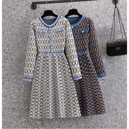 Spring Autumn New Small Fragrance Vintage Knitted Dress Women Casual Long Sleeve Bottom A Line Mini Sweater Dresses Robe Femme