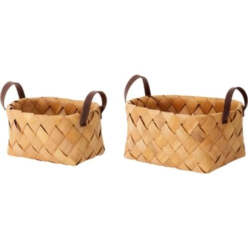 2 Pcs Hand Woven Bread Fruit Storage Basket Wood Chip Woven Storage Box Japanese Round Food Tray with Portable Home Decoration