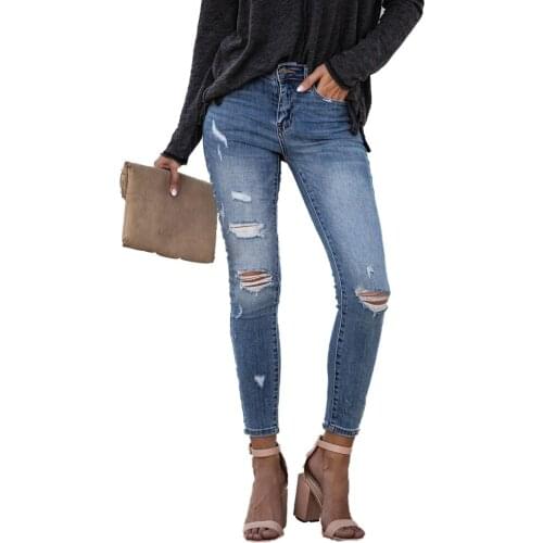 2020 Spring Fashion Ripped skinny distressed jeans Women High waist Denim elastic Skinny Pencil Pants Vintage trousers jeans