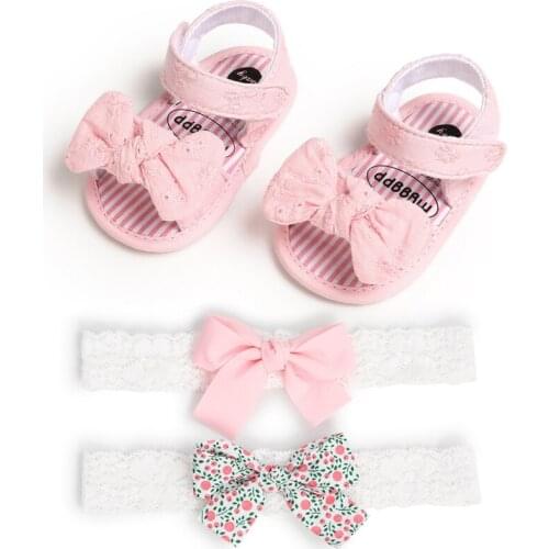 3PCS Newborn Children Baby Shoes Floral Bow Sandals +2 Pcs Floral Bow Headband Cute Princess Baby High Quality First Walkers