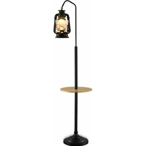 Artpad Nordic Nostalgia Led Floor Light Vintage Kerosene Beside Floor Lamp Standing with Wood Shelf Base for Living Room