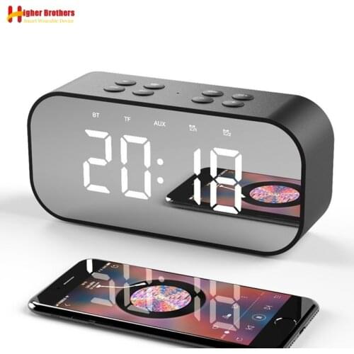 Bluetooth 5.0 Portable Wireless Mirror Speaker Column Subwoofer Music Sound Box LED Time Snooze Alarm Clock for Laptop Phone