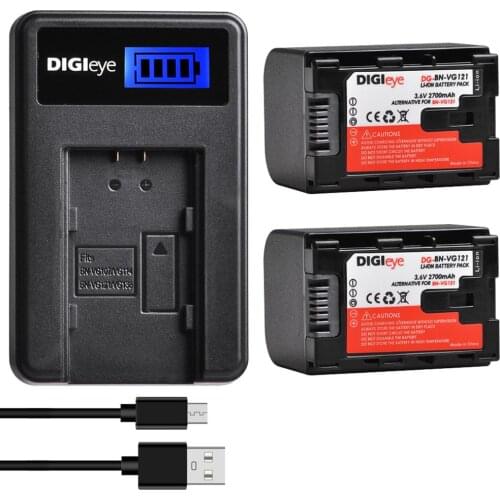 2Pcs BN-VG121 BN-VG121US Battery + LCD USB Charger for JVC BN-VG138 BN-VG107 BN-VG114 and JVC Everio GZ-E Series Camcorder