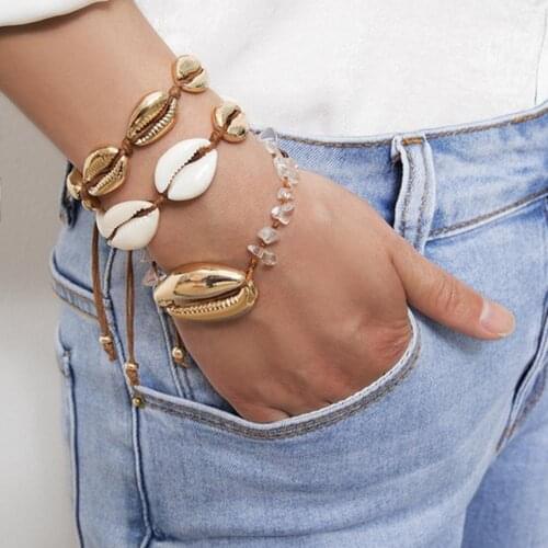 Bohemian Summer Beach Women Gold&Silver Shell Charm Bracelet Irregular Stone Bead Bangle Jewelry