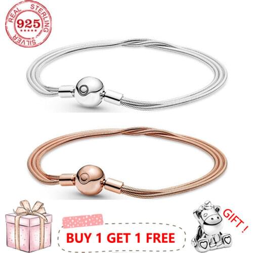 S925 Silver Round Button Multi Chain Pandora Bracelet Snake Bone Chain For Womens Diy Beads Treasure Accessorie