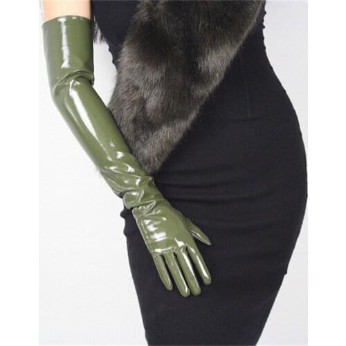 60cm Patent Leather Long Gloves Extra Long Over Elbow PU Emulation Leather Bright Leather Mirror Dark Green Army Green PU49-60