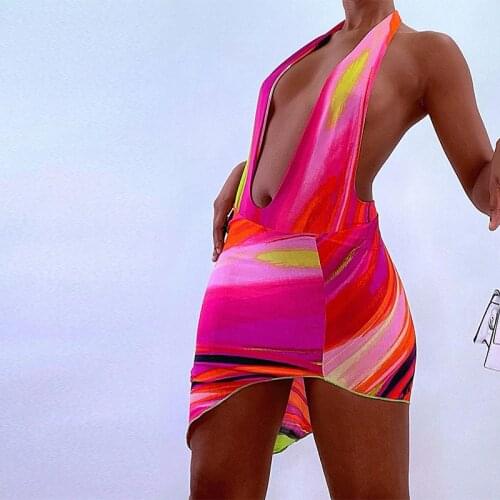 Women Club Partywear Bodycon Vacation Party Midnight Multicolor Dresses Sexy Deep V Neck Painting Backless Y2K Halter Mini Dress