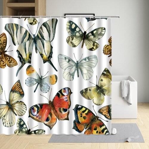 Shower Curtain Blue Butterfly Colorful Love Heart Musical Note Pocket Watch Leaves Waterproof Cloth Bathtub Decor Bath Screen