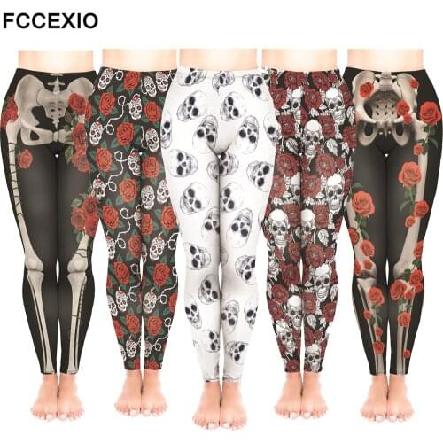 FCCEXIO Brand Female Workout Pants High Waist Fitness Legging New Style Skeleton Rose Print Leggins Women Leggings Slim Trousers
