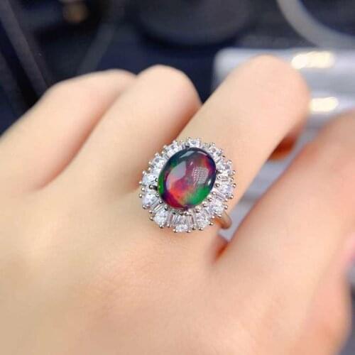 Big Size9*11mm Natural Black Anustralian Opal with Beacutiful Color for Girl 925 Sterling Silver Rings