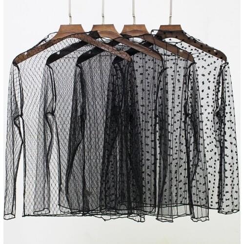 Spring Summer Lace Blouses Shirt Women Tops Sexy Mesh Cool Clothes See-through Long Sleeve Black Dot Star Striped Shirt Blouse