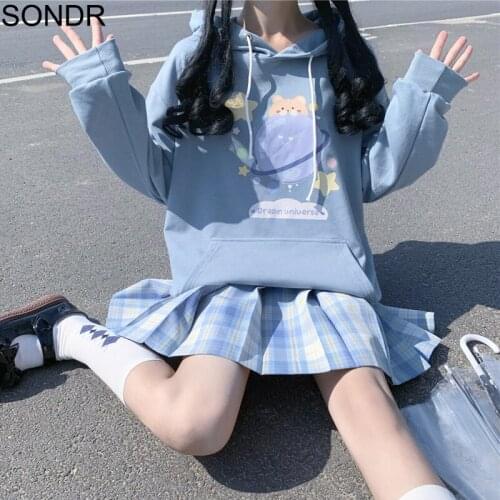 Sweet Cute Cartoon Print Hoodies Women Autumn Winter Student All-Match Black Pullover Top Japanese Kawaii Girl Hooded Sweatshirt
