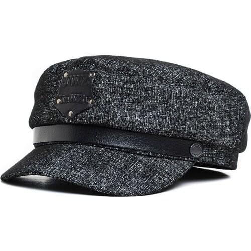 Mens And Womens Leather Denim Sheepskin Suede Flat Top Navy Hat Casual Outdoor Logo Caps