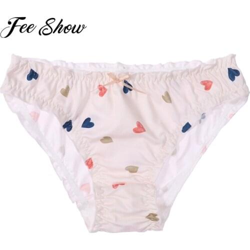 Man Cotton Sissy Panties Crossdress Briefs Low Waist Colorful Hearts Print Ruffled Lace Briefs Panties Erotic Lingerie Underwear
