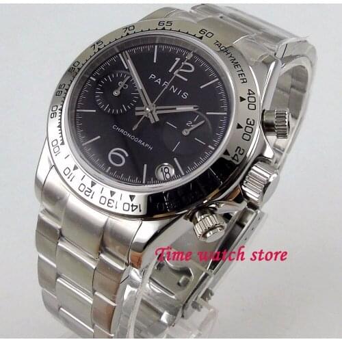 Solid 39mm PARNIS 24 hours Chronograph watch men waterproof steel black dial luminous date sapphire silver bezel stop wrist 1200