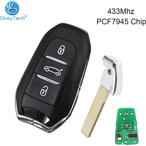 OkeyTech 3 Buttons 433Mhz 7945 Chip Smart Card Key Remote Control HU83 Blade With Emergency Blade for Peugeot 308 508 Citroen C4