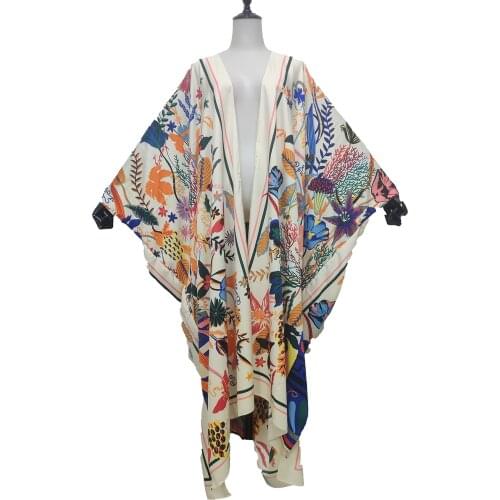 Plus Size America Summer Floral Swimwear Silk Kimono For Lady Traditional Kuwait Beach Party Caftan Abaya Muslim Women Clothes