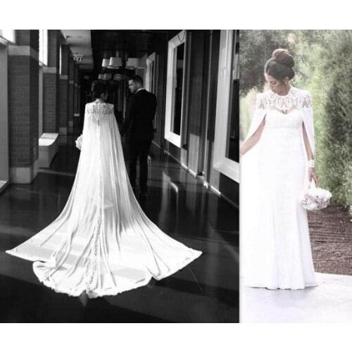 Real Pictures Bridal W White Chiffon Bridal Wraps Clack Appliques Lace Court Train Bridal Accessories