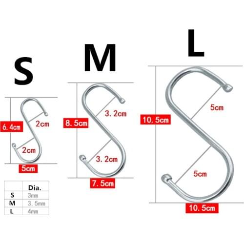 S Size,10Pcs/set Stainless Steel Round S Shaped Hooks House Kitchen Pot Pan Hanger Clothes Storage Rack Tool
